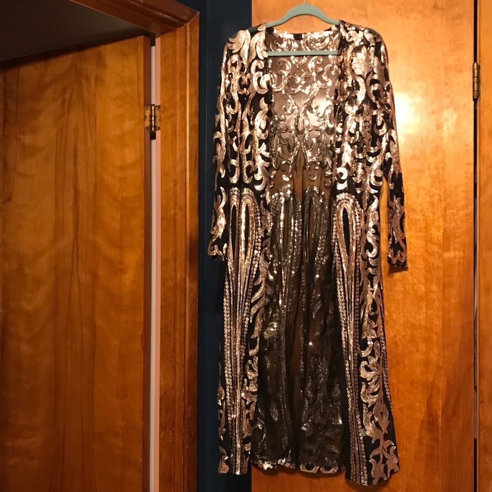 Gold Black Sequins 1920s Mesh Long Jacket, Costume